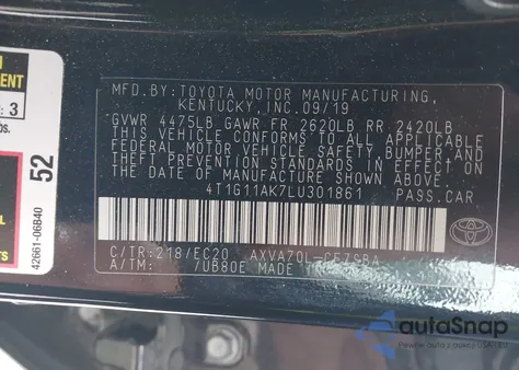 2020 Toyota Camry Se Nightshade Edition из США, поврежденный, VIN 4T1G11AK7LU301861